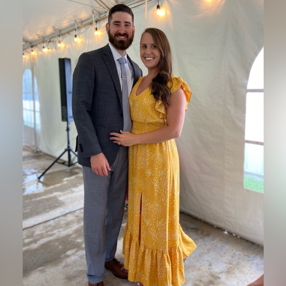 Express Yellow Printed Ruffle Sleeved Cinched Waist Maxi Dress